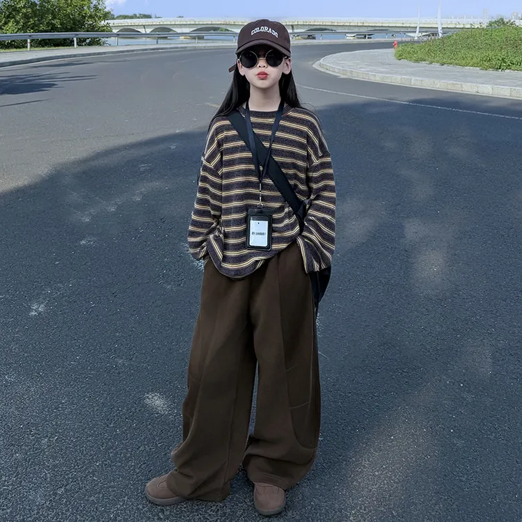 女童春秋2025韩系慵懒风宽松撞色条纹长袖上衣休闲弯刀裤洋气套装