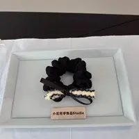 韩国发饰2025新款精致爆款黑色满天星毛线针织Pu皮蝴蝶结发圈发绳
