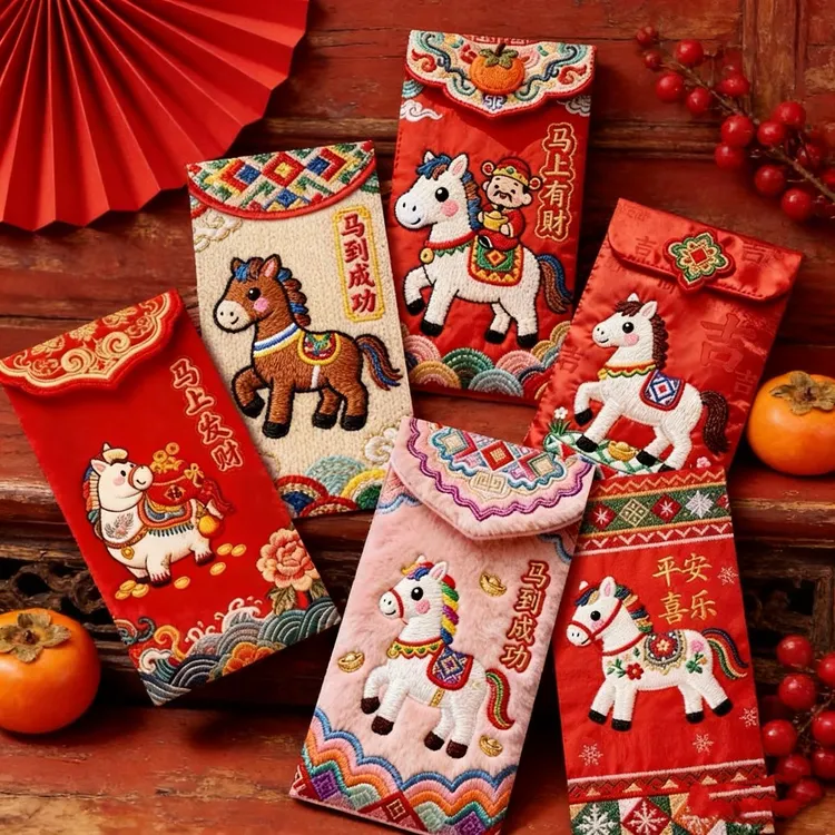 【爆款】2026马年仿刺绣平面卡通福马红包春节创意压岁拜年利是封