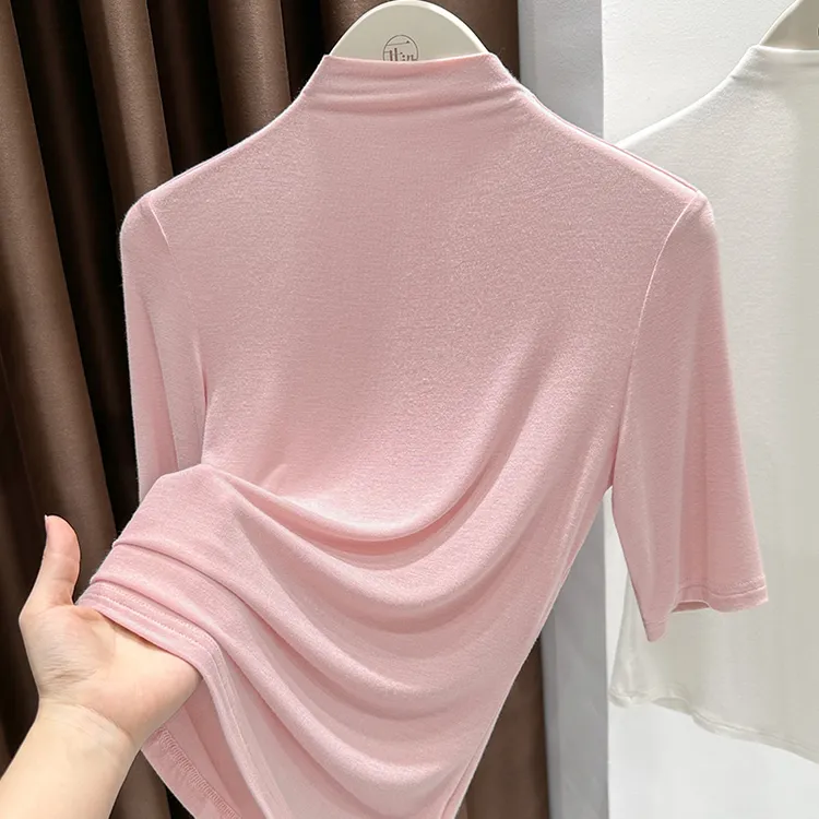 粉色半高领五分袖T恤小衫秋季百搭修身打底衫2025新款气质上衣女