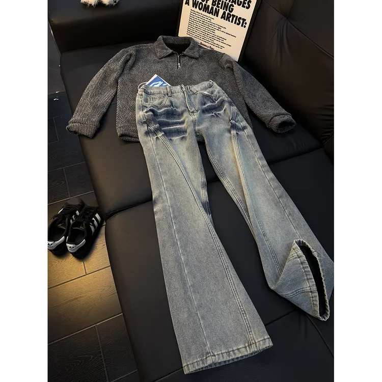 美式斜切水洗裂纹牛仔裤男款冬季加绒加厚cleanfit裤子宽松直筒裤