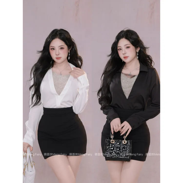 现货萌面侠【时髦都市】气质小众设计感拼接重工珠链衬衫6616M