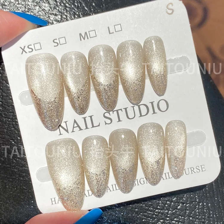 两副包邮0074纯手工穿戴甲 猫眼铂金法式