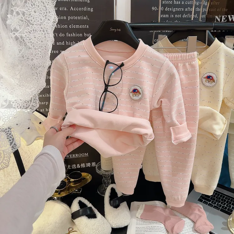 儿童保暖内衣套装加绒秋衣秋裤套装男女宝宝条纹睡衣家居服两件套