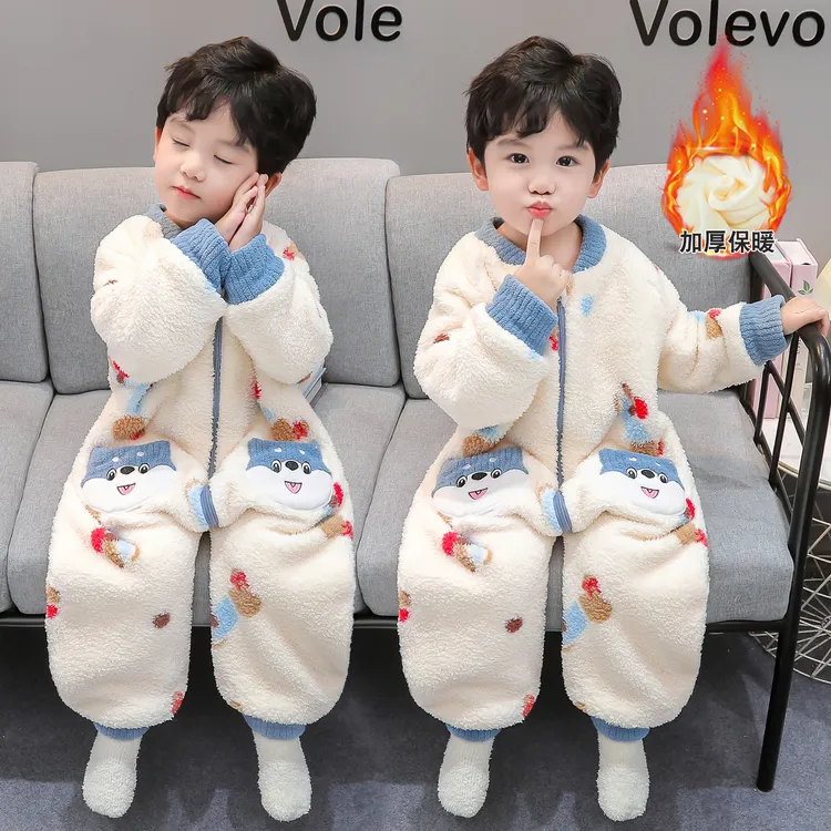 男童双层加厚连体睡衣冬款儿童睡袋男宝宝法兰绒家居服珊瑚绒爬服