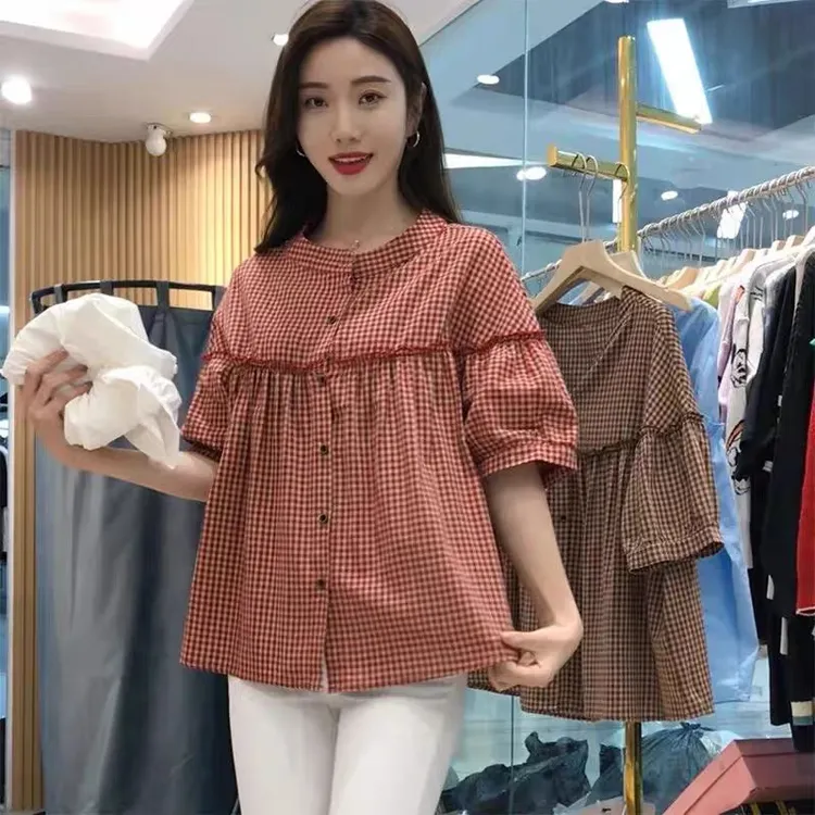 2025夏季新款棉文艺宽松休闲百搭圆领短袖花边衬衫上衣T恤 66770