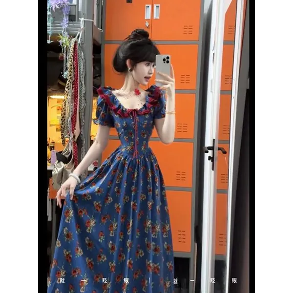 连衣裙女装2025夏季新款女法式复古碎花收腰显瘦泡泡袖中长款裙子
