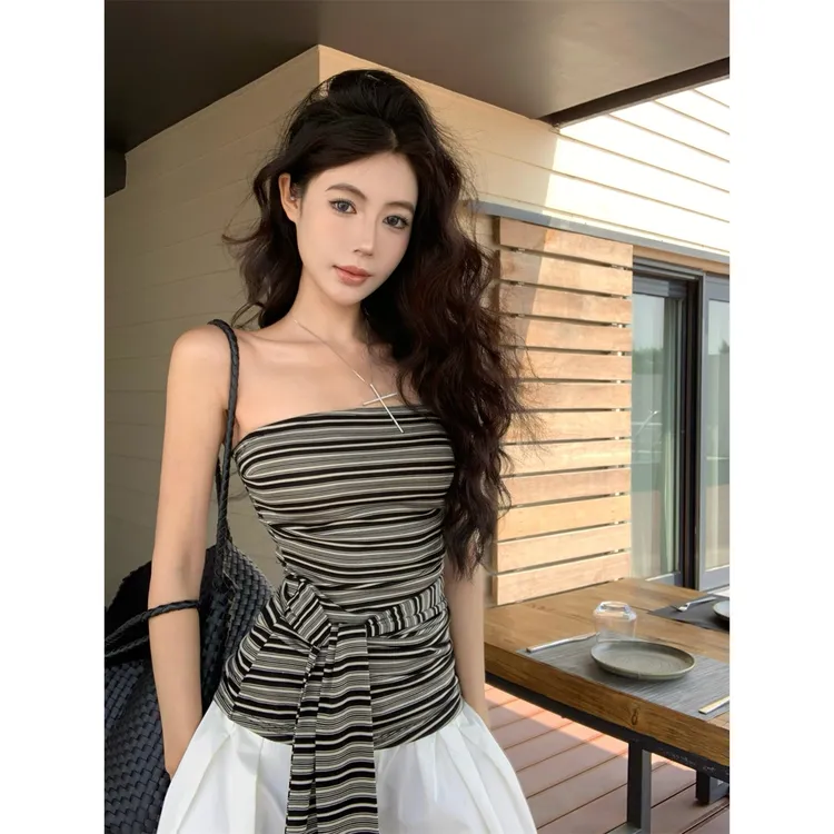 （浠儿姐姐）复古辣妹条纹绑带抹胸背心女装夏季小众别致性感上衣
