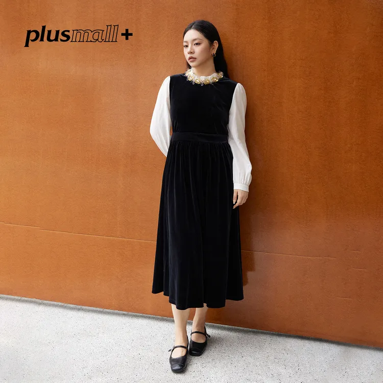 PLUSMALL 赫本小夜曲 重工织带千金丝绒拼接连衣裙PM2510029