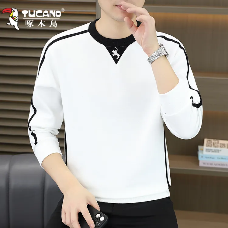 啄木鸟高档圆领男士卫衣秋冬季新款潮流刺绣长袖t恤休闲打底上衣