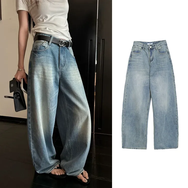 8138蓝色直筒牛仔裤百搭复古做旧阔腿长裤宽松拖地裤女裤子弯刀裤