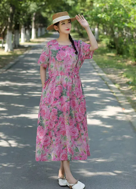 夏季新款亚麻收腰显瘦过膝大摆气质女士短袖连衣裙妈妈款40-60岁