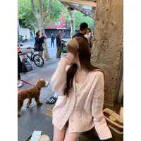 1019粉色镂空针织开衫外套女秋季2025新款宽松显瘦麻花慵懒风毛衣