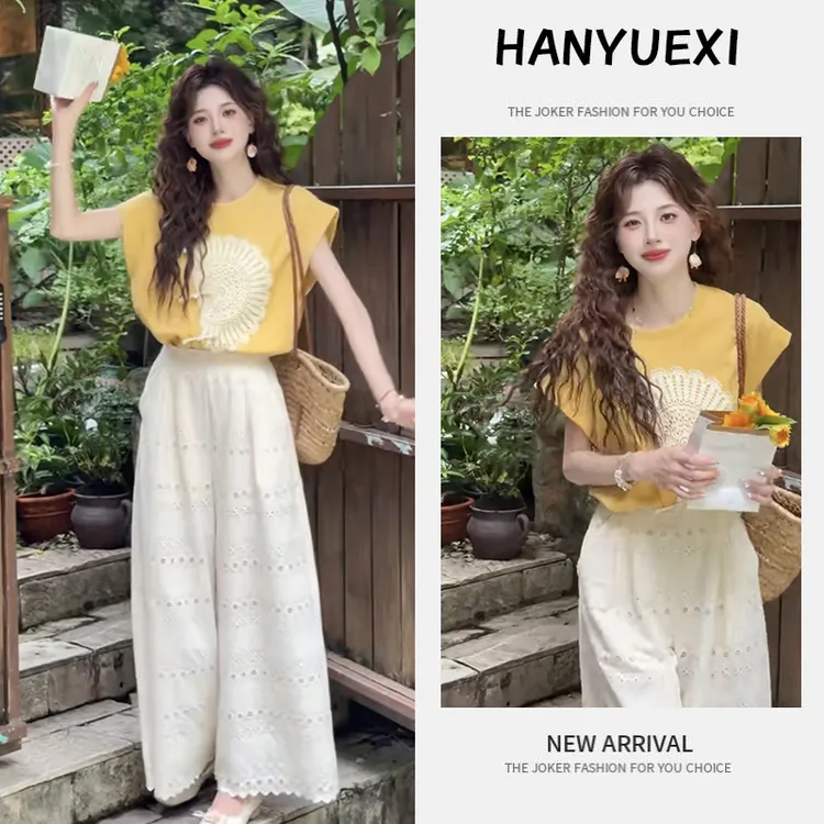 【现货】夏季洋气一整套女装2025新款复古设计短袖高腰阔腿裤两件套