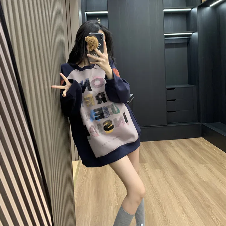 潮牌慵懒风深蓝色拼接卫衣春秋款女宽松中长款长袖圆领秋季外套爆