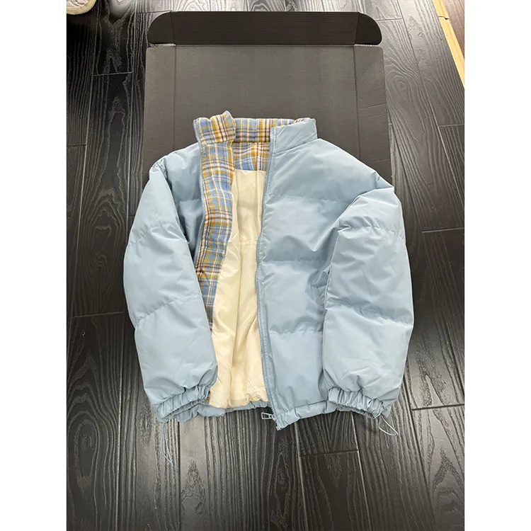 美式复古格子拼接棉服男冬季无帽立领棉衣设计感潮牌高街情侣外套