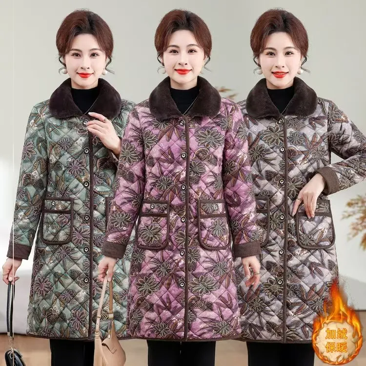 妈妈冬季中长款加绒碎花大码棉衣中老年女装翻领保暖加厚大码棉袄