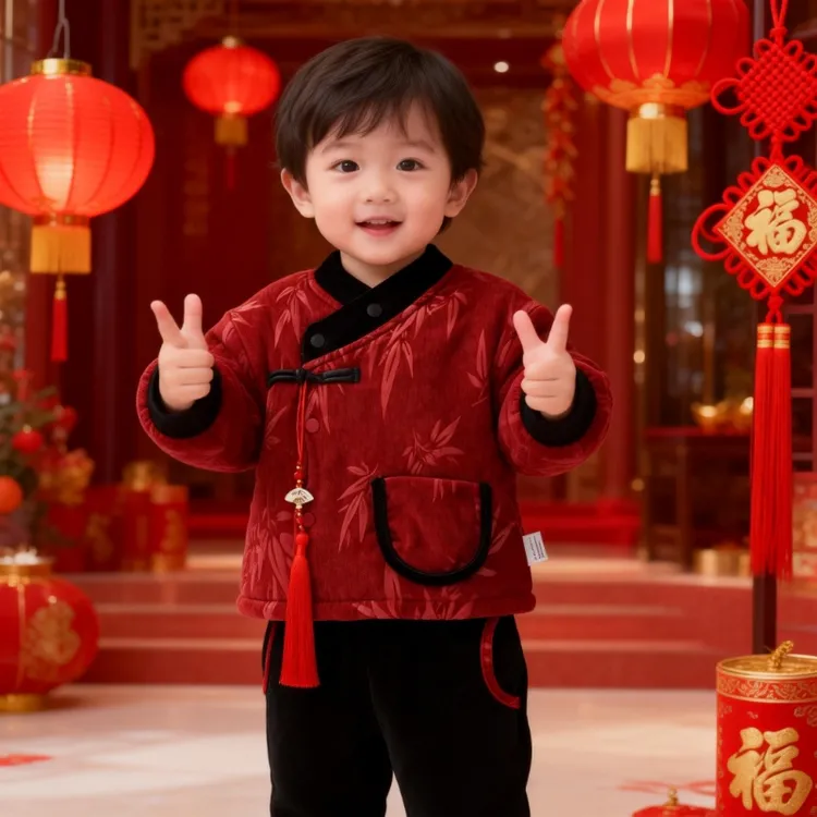 冬季婴幼儿红色国风拜年服男女宝宝新中式加厚棉服喜庆分体套装
