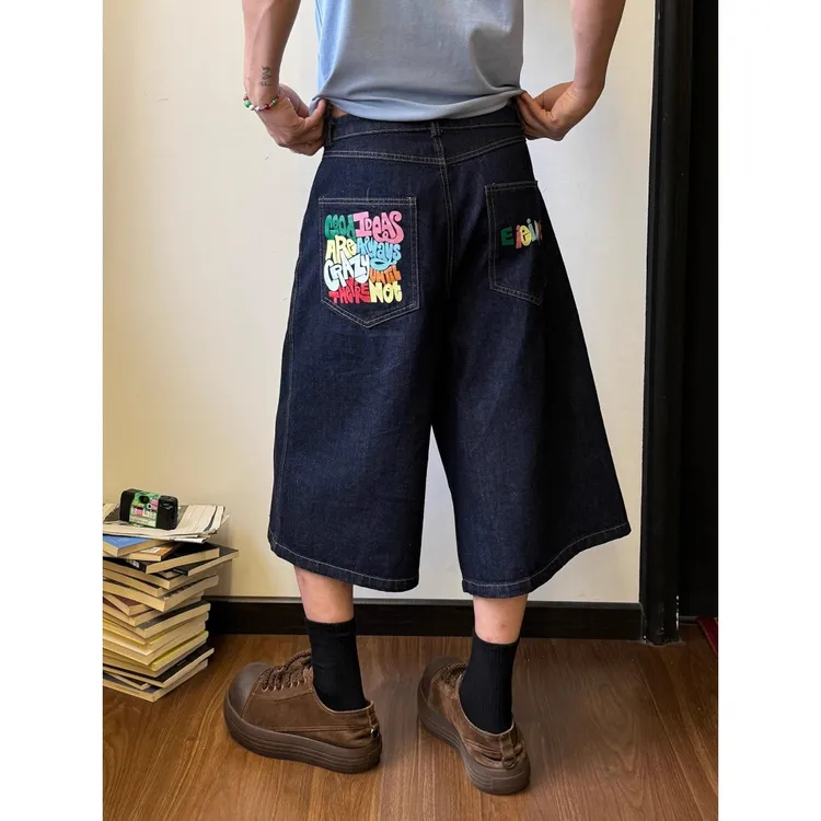美式复古彩色字母印花七分裤男女夏季新款高街直筒休闲牛仔短裤子