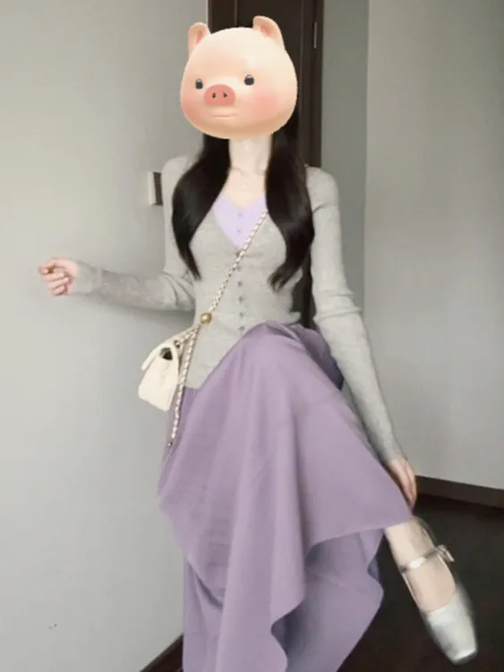 早秋气质穿搭假两件紫色裙子女2025新款早秋季miu系套装长裙ins潮