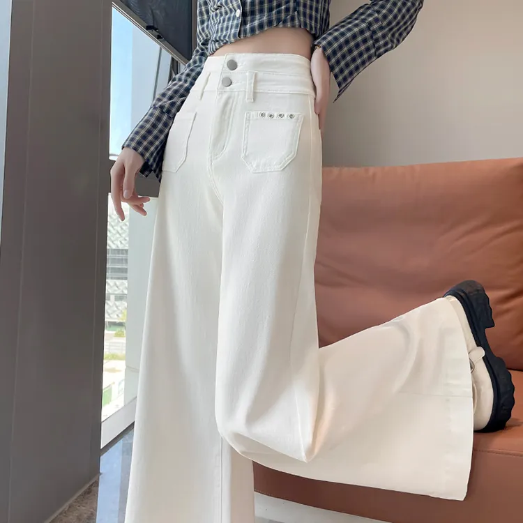 双扣高腰大阔腿牛仔裤女2025秋季宽松高个子加长版白色梨形喇叭裤
