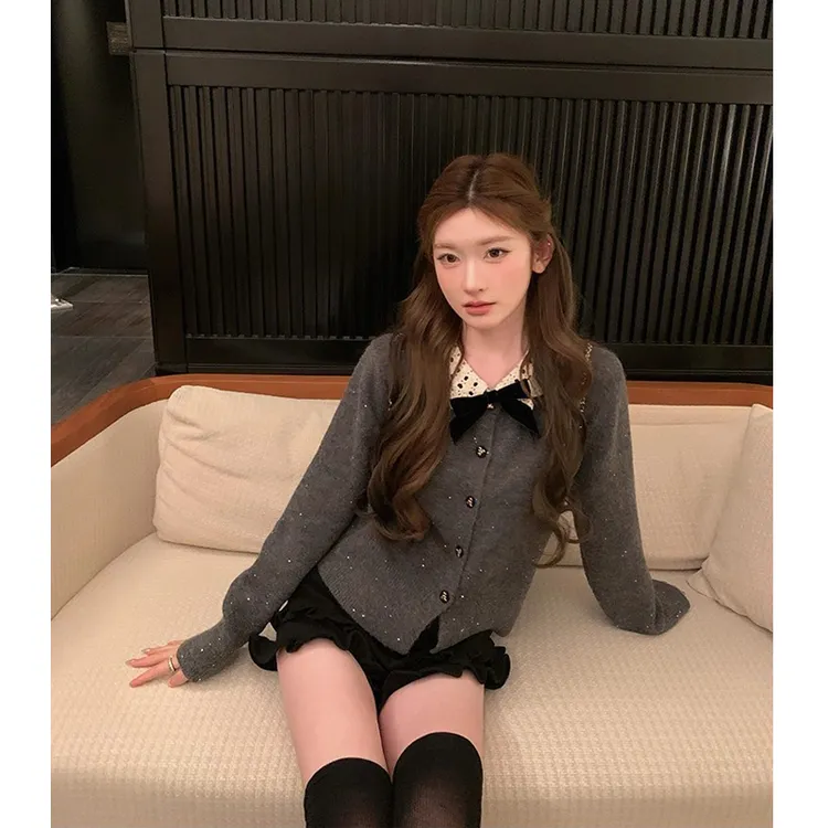 高级感亮片针织开衫女秋冬洋气独特灰色毛衣针织小香风外套蝴蝶结