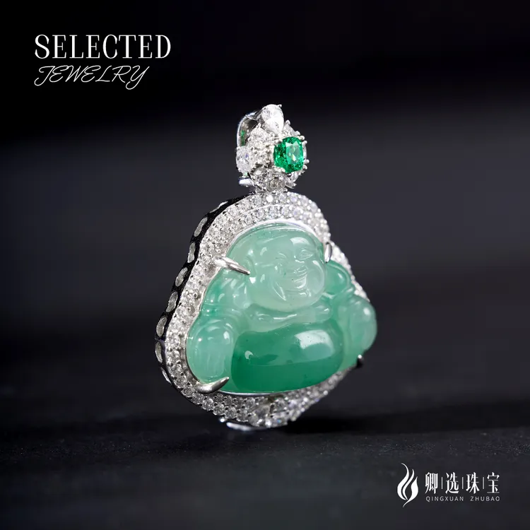 天然飘绿花高冰种非洲翠独龙玉镶嵌佛公