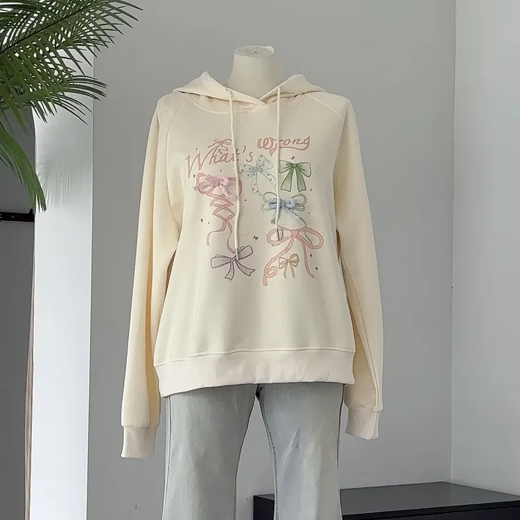 彩蝶漫绘｜大码胖mm可爱蝴蝶结连帽卫衣女秋套头杏色可爱卫衣上衣