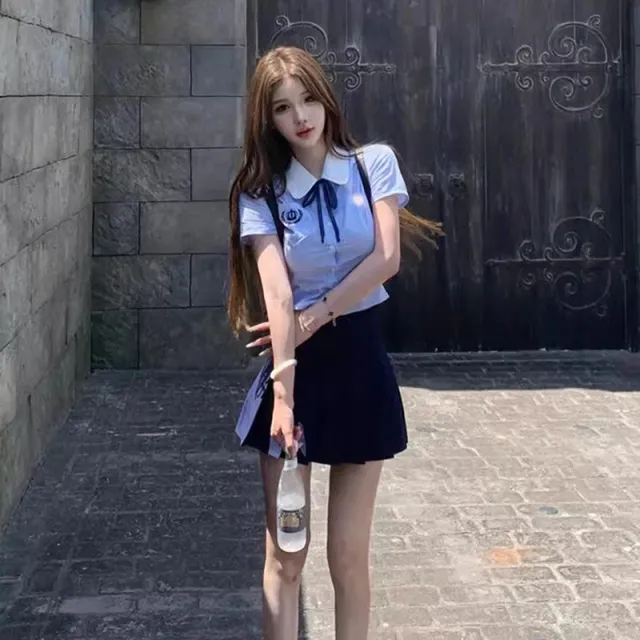 学院风JK制服套装女夏季韩系辣妹收腰短袖衬衫高腰百褶裙两件套潮