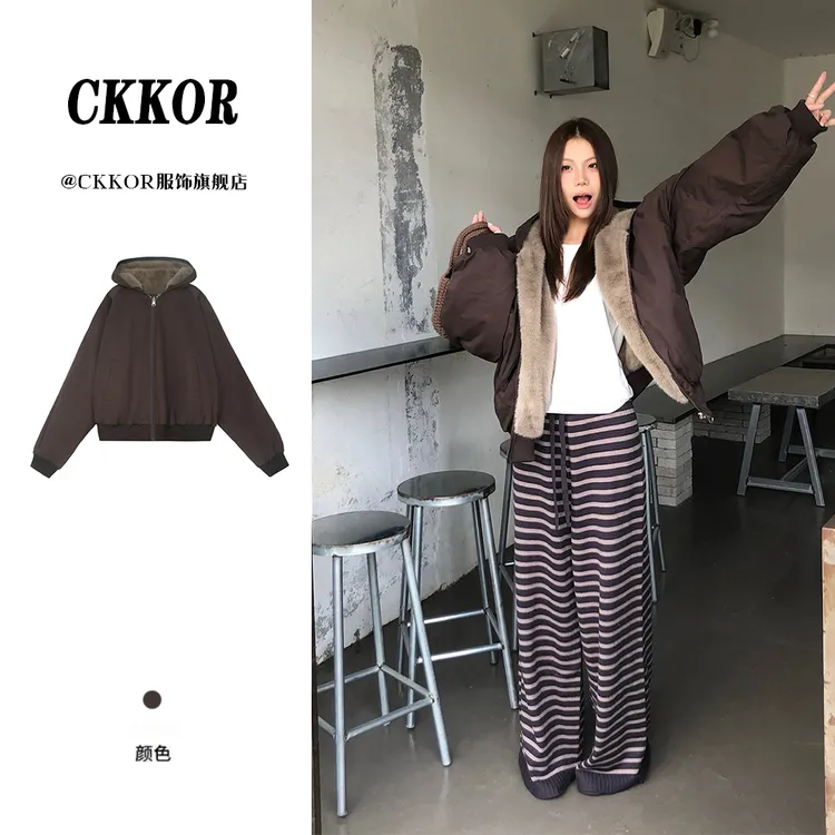 CKKOR美式复古双面穿连帽座山雕派克服冬季加绒保暖百搭潮牌女装