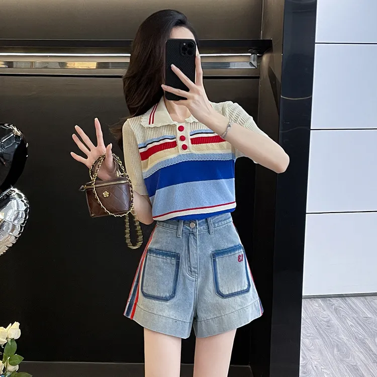 2025夏新款时尚多巴胺套装女针织短袖高腰渐变蓝牛仔短裤两件套女