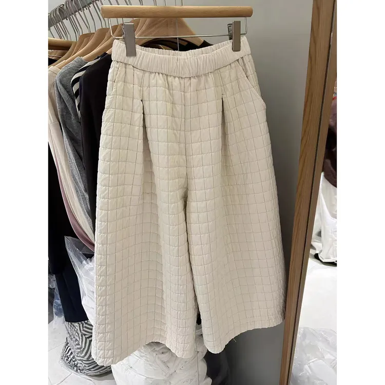 松紧腰方格夹棉八分阔腿休闲裤女2025冬季新款宽松显瘦加厚直筒裤