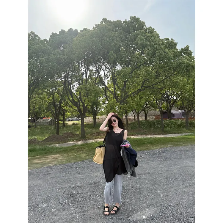 极简风韩系圆领无袖微透中长款上衣连衣裙百搭显瘦休闲长裤套装女