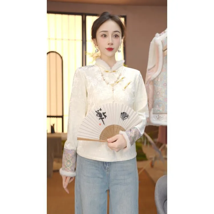 秋冬季新款中式提花精致百搭上衣拼接水貂毛YY25102903