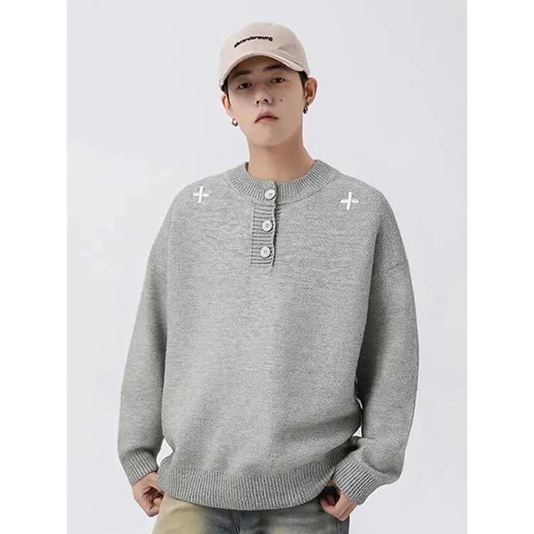 复古男士亨利领针织2025秋季新款男灰色纽扣毛衣慵懒风上衣情侣款