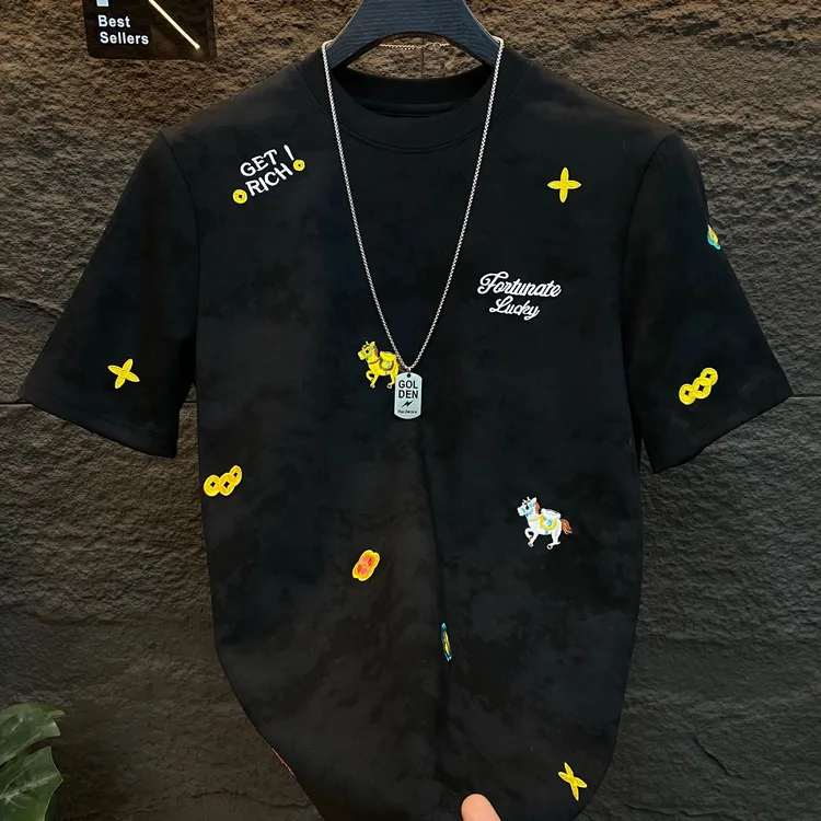 马年必备高端马上有钱短袖时尚秋冬圆领男士休闲刺绣日常百搭T恤