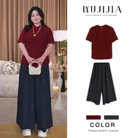 橘子-新中式国风气质红色上衣+藏青色裙裤两件套ZL109693