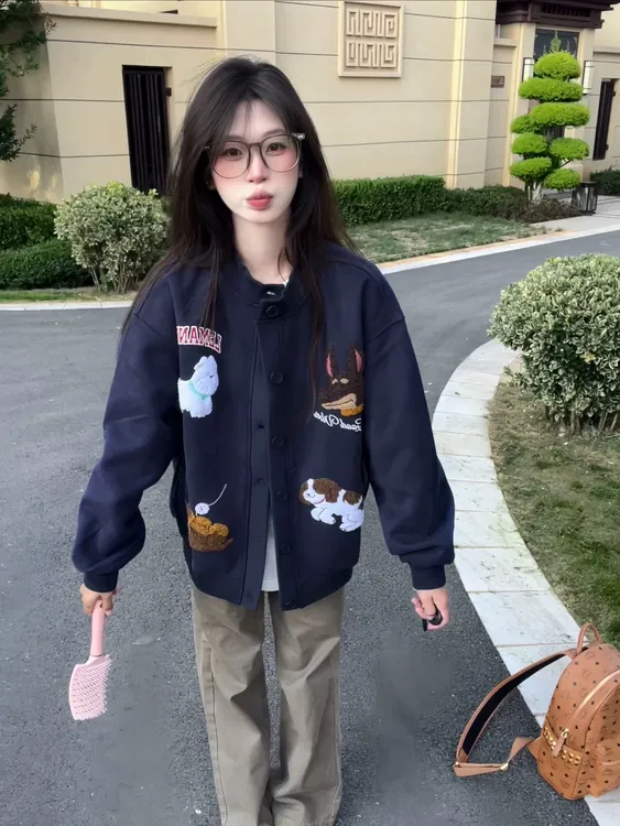 美式复古小狗刺绣开衫卫衣女春秋设计感小众宽松休闲棒球服外套