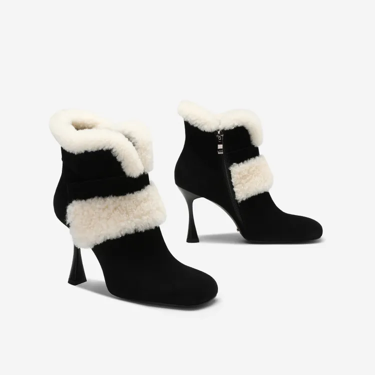 羊绒毛短靴2025冬季新款细跟女靴高跟加绒保暖靴子尖头黑色雪地靴