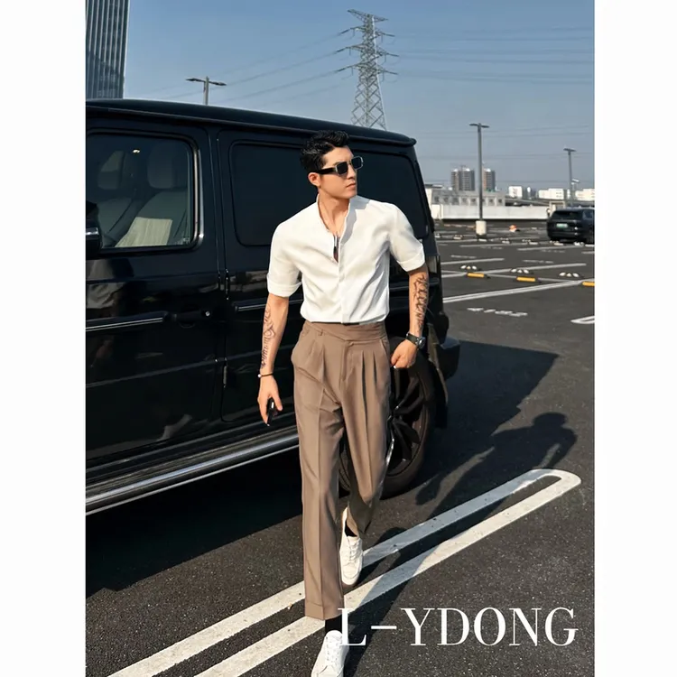 YDONGDG【亨利·凯文】夏季纯色薄款气质个性修身潮流中袖衬衫5225