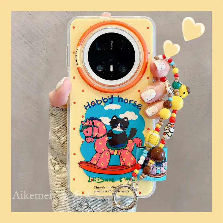 适用华为mate70pro+手机壳可爱卡通Mate60pro+波点骑木马黑猫链条