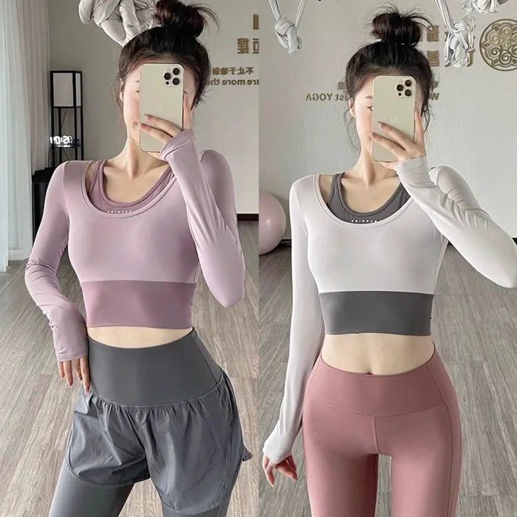 带胸垫假两件瑜伽服长袖秋冬短款显瘦速干健身服弹力运动上衣女