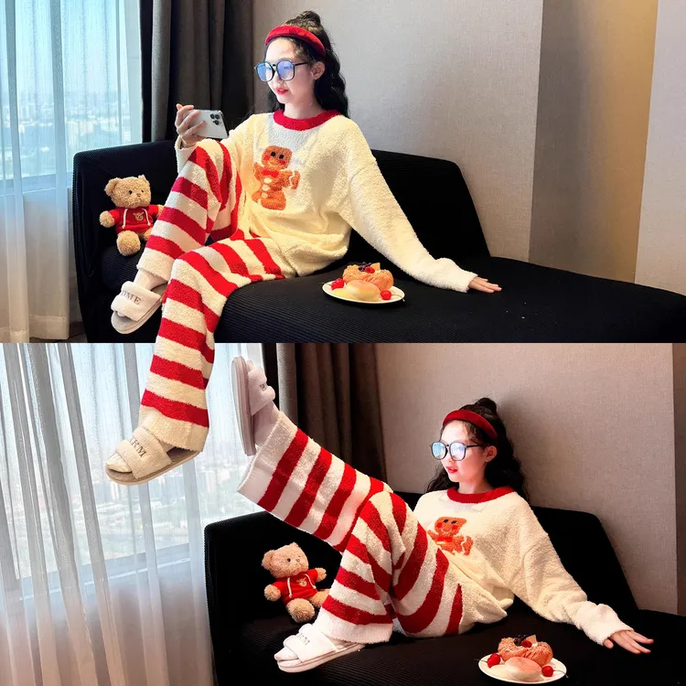 秋冬女童绒睡衣2025新款初中生韩版半边绒家居服套装儿童居家爆款