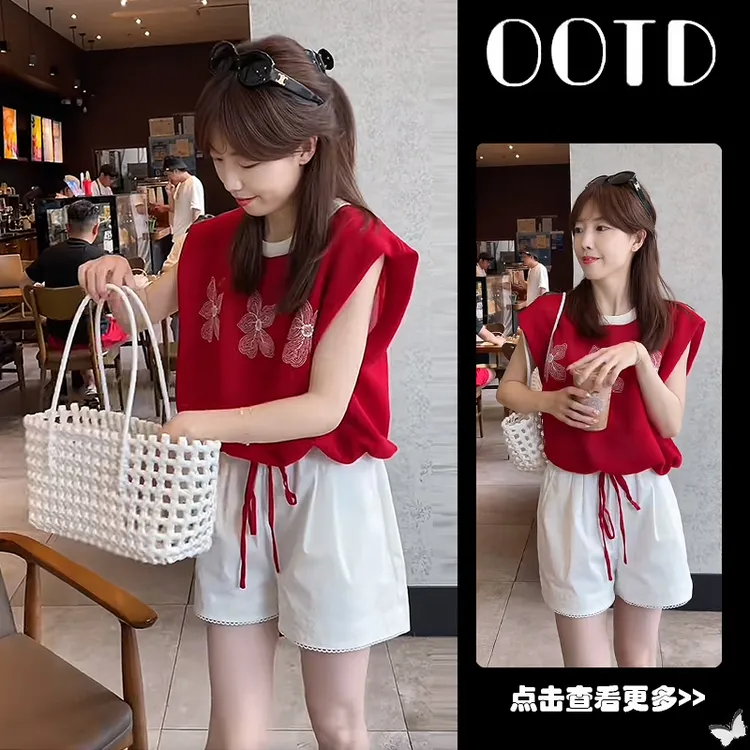 【现货】超火夏穿搭一整套女2025新款刺绣冰丝针织衫高腰短裤两件套