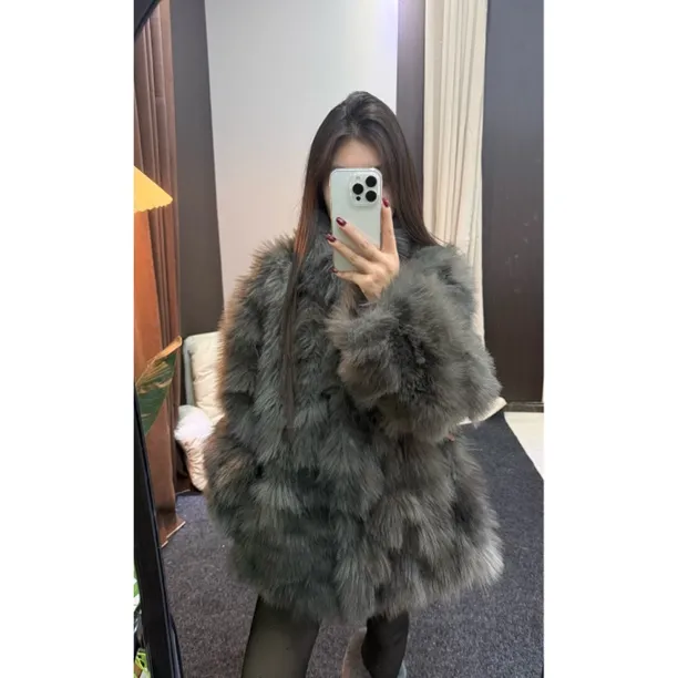 流光少女 2025秋冬季百搭小立领仿腹部毛的毛毛外套