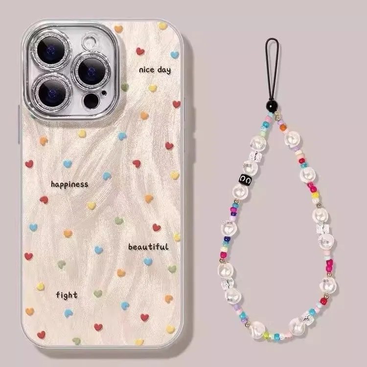 适用满屏彩色爱心苹果16promax手机壳iPhone15华为vivo手链防摔