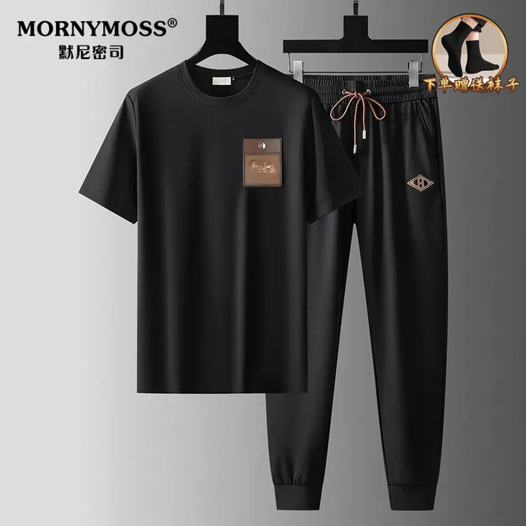 2025新款高端夏季新款两件套运动服男士时尚冰丝弹力圆领短袖T恤