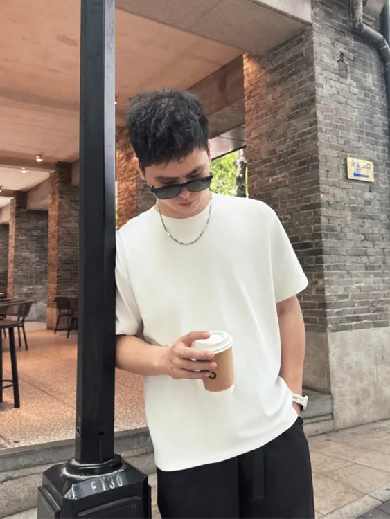 夏季重磅100%纯棉纯色短袖T恤男宽松圆领白气质潮牌简约国潮上衣