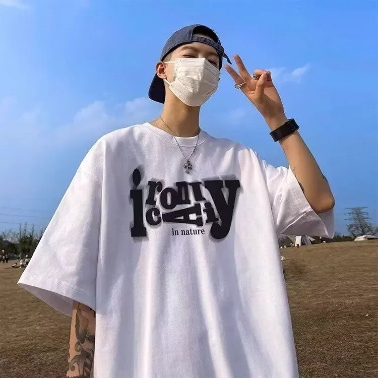 3D效果宽松港风学生半袖潮流大码短袖t恤上衣T恤男士休闲短袖