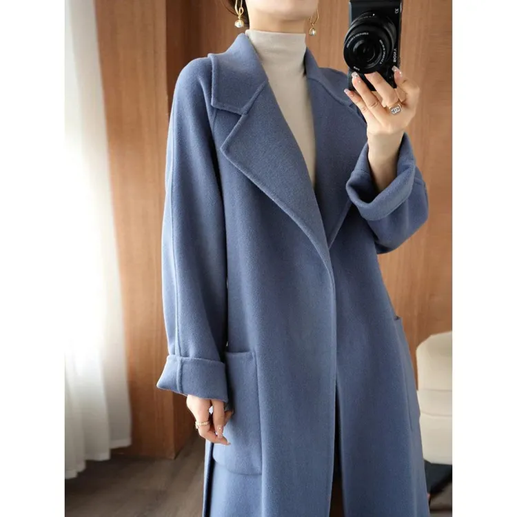 双面呢绒大衣女纯色长款毛呢冬高档显瘦法式韩版赫本风外套女